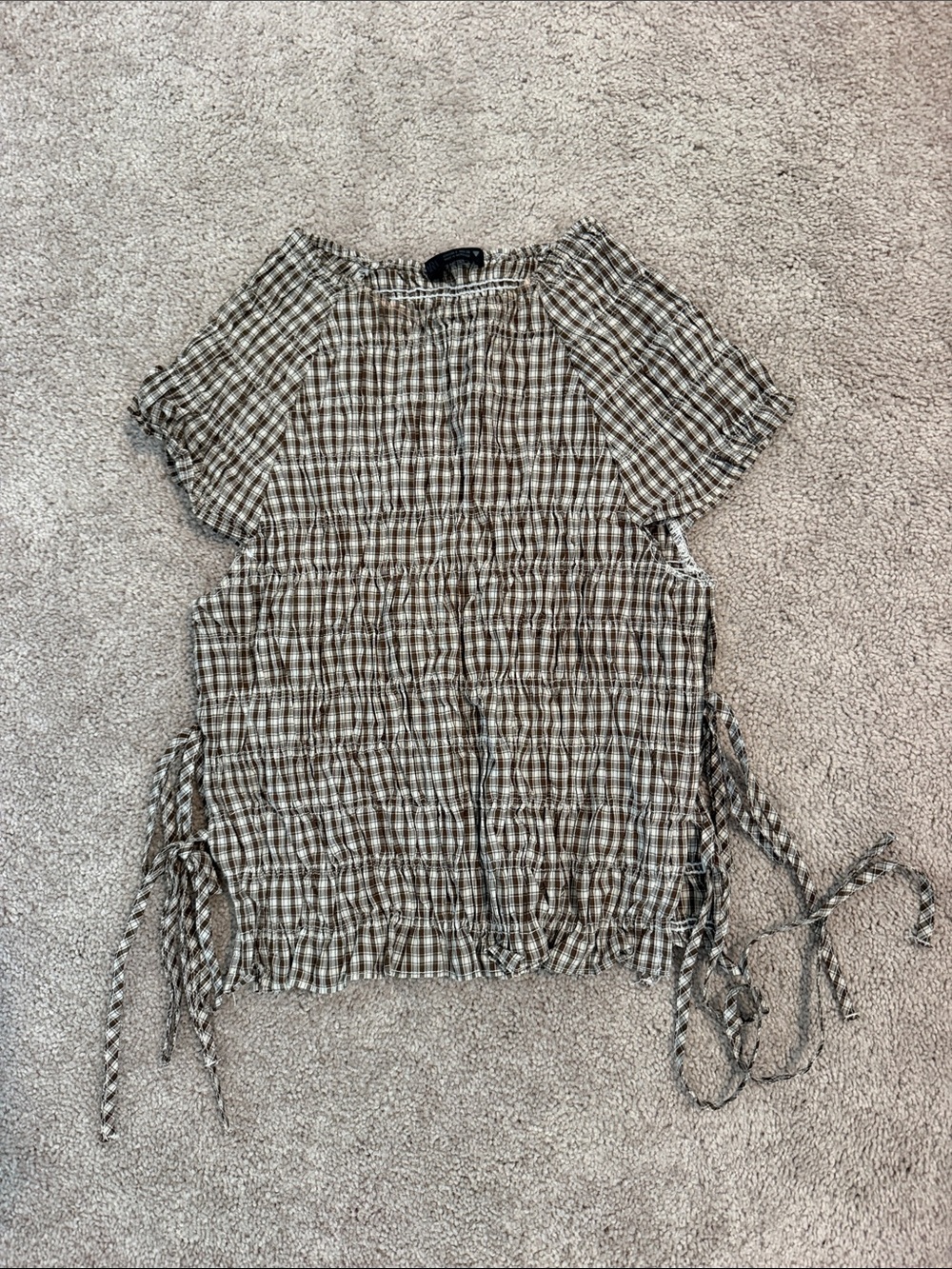 Woven Plaid Short-Sleeve Ruched Women’s Top